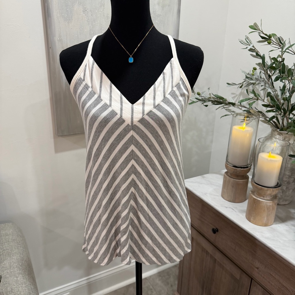 Striped V-Neck Camisole Tank Top - White & Gray